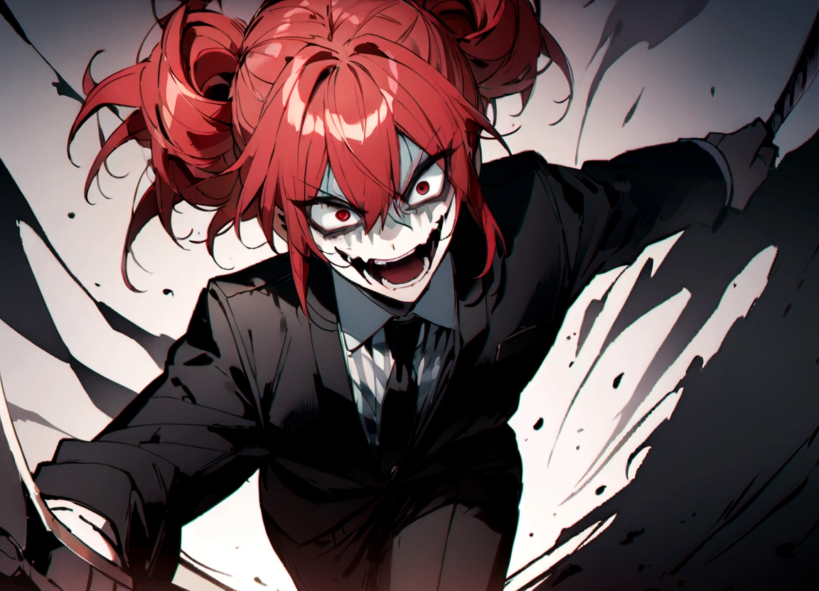 Red hair、Black suit、Black slacks、Wearing leather shoes、Holding a sword、Scary face