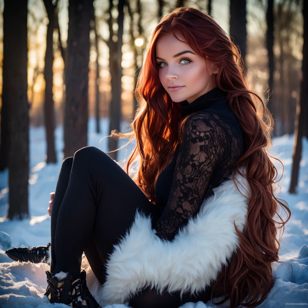 Hyperrealistic and detailed full body photo of a young woman, smiling red haired beautiful woman. Winter. Die Sonne scheint. Perfekte Augen, (Augen-Make-up:1.1), (Hochdetaillierter Skin:1.1), .RAW, Analoger Stil, Scharfer Fokus, 8K UHD, DSLR, High quality, Fujifilm XT3, Korn, awards winning, Meisterwerk.