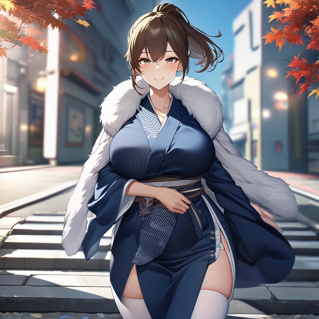 a woman wearing blue yukata with white details, red flowers on the kimono, long white stockings, white fur cape, brown eyes, brown hair, ponytail hair, walking on a sidewalk in autumn weather, big breasts, smiling,UHD , work- prime, precise, anatomically correct, textured skin, super details, high quality, best quality, 8k, high resolution, bokeh effect. (woman alone)
