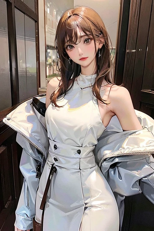 (highest resolution、clear_image)highest quality、woman、very detailed、semi-realistic、light cream hair、short hair、Long neckline、gray eyes、21 years old、shoulder length hair、mature、young、Tube top、choker、exquisite features、Cowboy Shot、Brown Eyes、Waist up shot