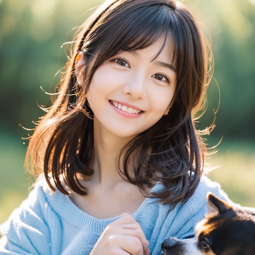 Create an anime-style portrait of a Japanese girl。Her hair is short and dark brown。The girl has a gentle smile。She looks loving、Holding a cute dog、It&#39;s a scene that evokes warmth and camaraderie.。Background、It should be a blend of warm and cool colors that complement the overall composition.。She is wearing a light blue dress with intricate details.、Gives an elegant impression。The overall atmosphere of the piece is bright and attractive.、Capture the girl&#39;s kind and friendly personality。