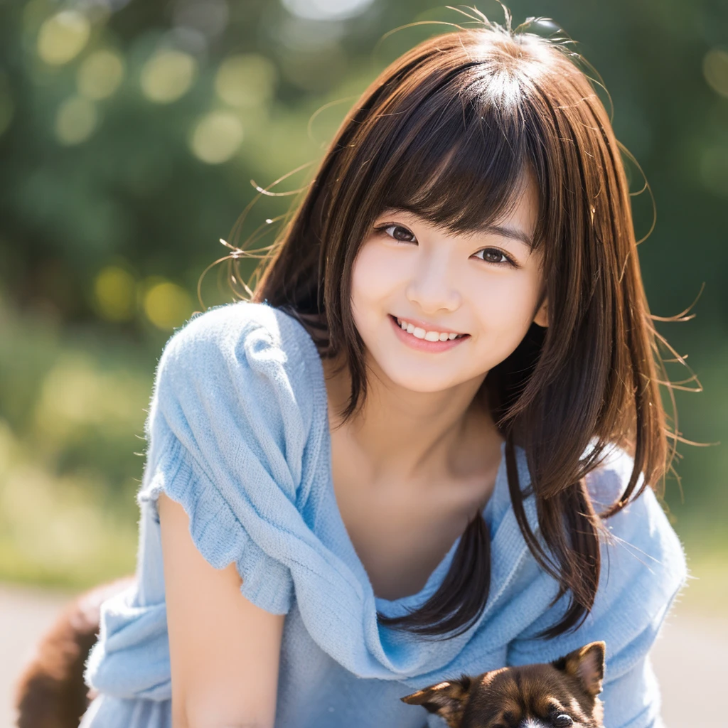 Create an anime-style portrait of a Japanese girl。Her hair is short and dark brown。The girl has a gentle smile。She looks loving、Holding a cute dog、It&#39;s a scene that evokes warmth and camaraderie.。Background、It should be a blend of warm and cool colors that complement the overall composition.。She is wearing a light blue dress with intricate details.、Gives an elegant impression。The overall atmosphere of the piece is bright and attractive.、Capture the girl&#39;s kind and friendly personality。