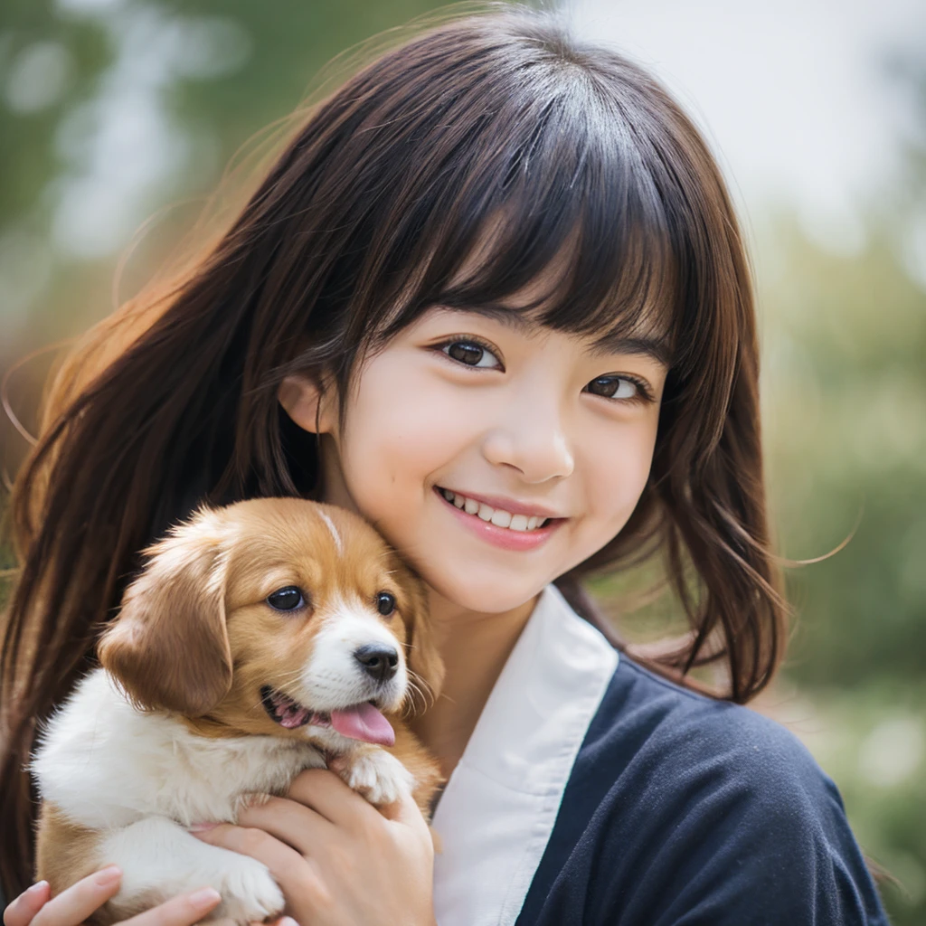 Create an anime-style portrait of a Japanese girl。Her hair is short and dark brown。The girl has a gentle smile。She looks loving、Holding a cute dog、It's a scene that evokes warmth and camaraderie.。Background、It should be a blend of warm and cool colors that complement the overall composition.。She is wearing a light blue dress with intricate details.、Gives an elegant impression。The overall atmosphere of the piece is bright and attractive.、Capture the girl's kind and friendly personality。