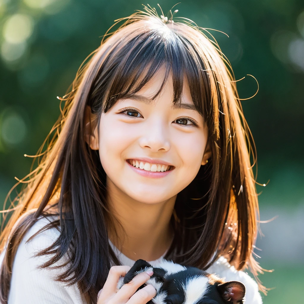 Create an anime-style portrait of a Japanese girl。Her hair is short and dark brown。The girl has a gentle smile。She looks loving、Holding a cute dog、It's a scene that evokes warmth and camaraderie.。Background、It should be a blend of warm and cool colors that complement the overall composition.。She is wearing a light blue dress with intricate details.、Gives an elegant impression。The overall atmosphere of the piece is bright and attractive.、Capture the girl's kind and friendly personality。