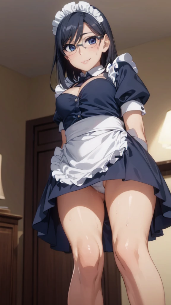 (from below:1.4),One girl,18-year-old,(Perfect hands:1.3), Perfect Fingers,Perfect Anatomy, (masterpiece:1.3), Highest quality,Realistic, hyperRealistic, 16K HDR, morning, short hair,(arms behind back:1.2),Condescending Eyes,(Beautiful female hands:1.3),Small hands,(Thin fingers:1.3), (Navy Blue Hair), blue eyes, Glasses,gl is es, ,Cafe,Are standing,(Sweat:1.3),(Smile:1.2),Big Breasts,Cleavage,(Sexy maid outfit,Headdress:1.2),Ultra mini skirt,Frills,Sexy maid outfit,White panties,(raise one leg slightly),