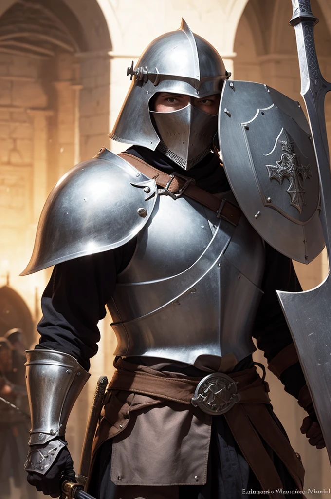 Book cover illustration, middle ages crusader warrior with sword and shield ready for battle