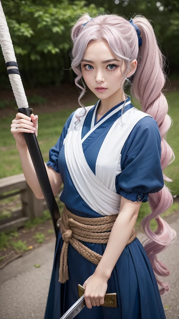 (At the cosplay venue、Cosplaying as Zoro from One Piece、Close your eyes and open your hands、Standing pose with a Japanese sword in its sheath in the left hand、Posting on social media、Japanese 40%and Ukraine 60%of mixed race ren、A beautiful woman in her 20s、Her hair is pink ash gray and super long in twin tails, twisted and curly.、Eyebrows are thin, slightly thick and short、Those big blue eyes are so beautiful、His nose is high like an Englishman&#39;s、Plump lips) ［Fingers are not visible］(Always take photos alone)(I&#39;m very confident)(Height 178cm) (To portray with precision、Highest quality、Extremely artistic composition、Super detailed、High resolution、Dynamic Lighting Effects、Golden Ratio、Ultra-detailed geometric wallpaper) Do your best to fulfill all these conditions.。