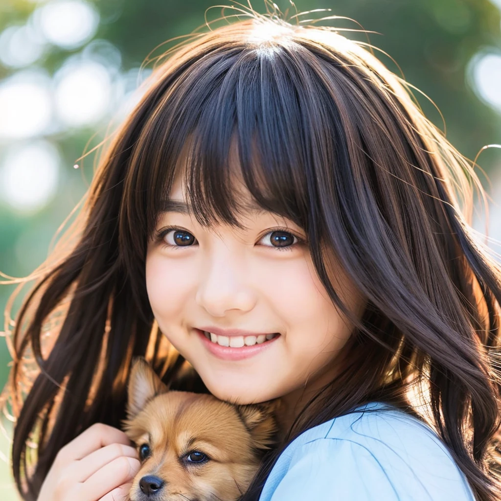 Create an anime-style portrait of a Japanese girl。Her hair is short and dark brown。The girl has a gentle smile。She looks loving、Holding a cute dog、It's a scene that evokes warmth and camaraderie.。Background、It should be a blend of warm and cool colors that complement the overall composition.。She is wearing a light blue dress with intricate details.、Gives an elegant impression。The overall atmosphere of the piece is bright and attractive.、Capture the girl's kind and friendly personality。