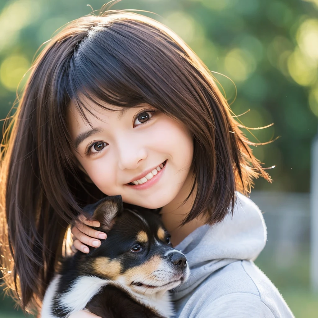 Create an anime-style portrait of a Japanese girl。Her hair is short and dark brown。The girl has a gentle smile。She looks loving、Holding a cute dog、It's a scene that evokes warmth and camaraderie.。Background、It should be a blend of warm and cool colors that complement the overall composition.。She is wearing a light blue dress with intricate details.、Gives an elegant impression。The overall atmosphere of the piece is bright and attractive.、Capture the girl's kind and friendly personality。