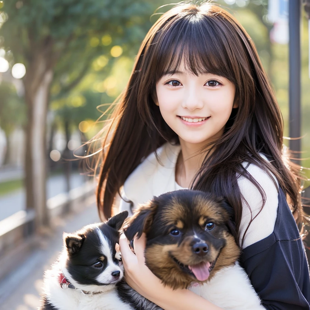 Create an anime-style portrait of a Japanese girl。Her hair is dark brown、Let it flow naturally。The girl has a gentle smile。She looks loving、Holding a cute dog、It's a scene that evokes warmth and camaraderie.。Background、It should be a blend of warm and cool colors that complement the overall composition.。She is wearing a light blue dress with intricate details.、Gives an elegant impression。The overall atmosphere of the piece is bright and attractive.、Capture the girl's kind and friendly personality。