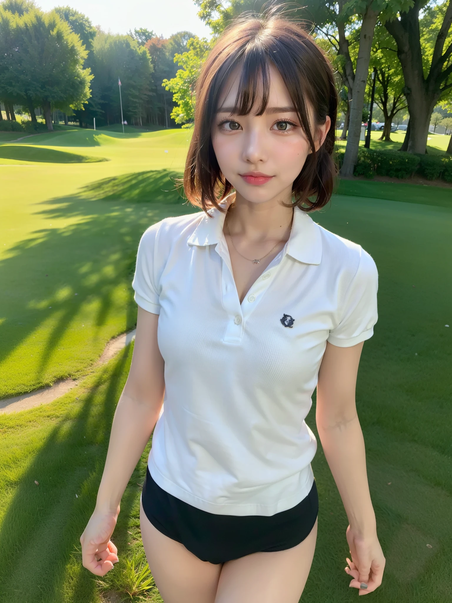 ((Best of the highest quality, 8k, Masterpiece, raw photo: 1.3)), Sharp focus: 1.2, (1 AESPA, slim body type female, 21 y/o: 1.1), (Solo: 1.2), (realistic, photo-realistic:1.37), face focus, cute face, finely eyes, (droopy eyes: 1.32), (Emphasize prominent aegyo-sal with bright: 1.2), shimmering eyeshadow applied under the lower lash line, paired with thick, (small breasts, flat chest, Thigh: 1.3), (short messy hair, bangs, updo: 1.2), (polo shirt, neat panties, sun visor: 1.24), walking Golf course, sun light, flower,