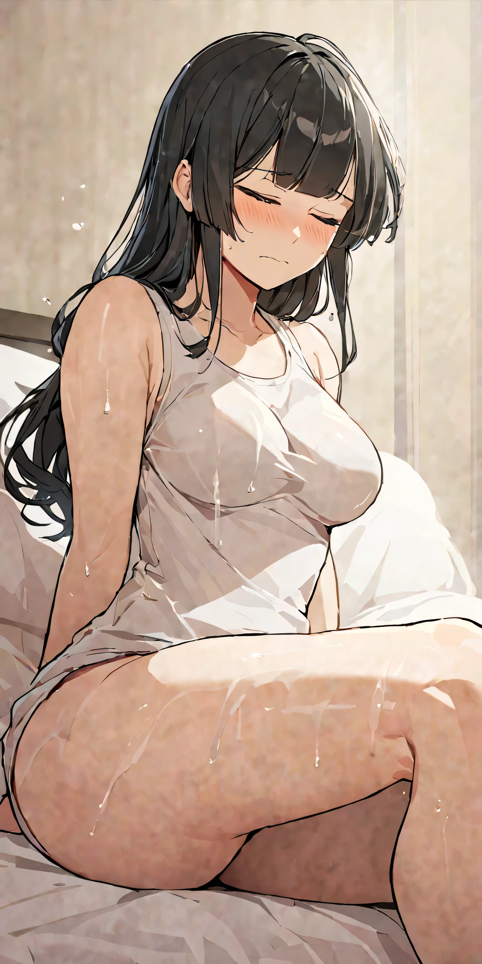 masterpiece,best quality, solo, eda, bangs, black hair, upper body, shy expression, medium breast, hot, thicc, she is in the bed, she was sitting , she was posing, closed mouth, she is horny, she wants to squirt, she is blushing , she has bug thighs, shebis wearing sando, she has big thighs, she is squirting, closed eyes