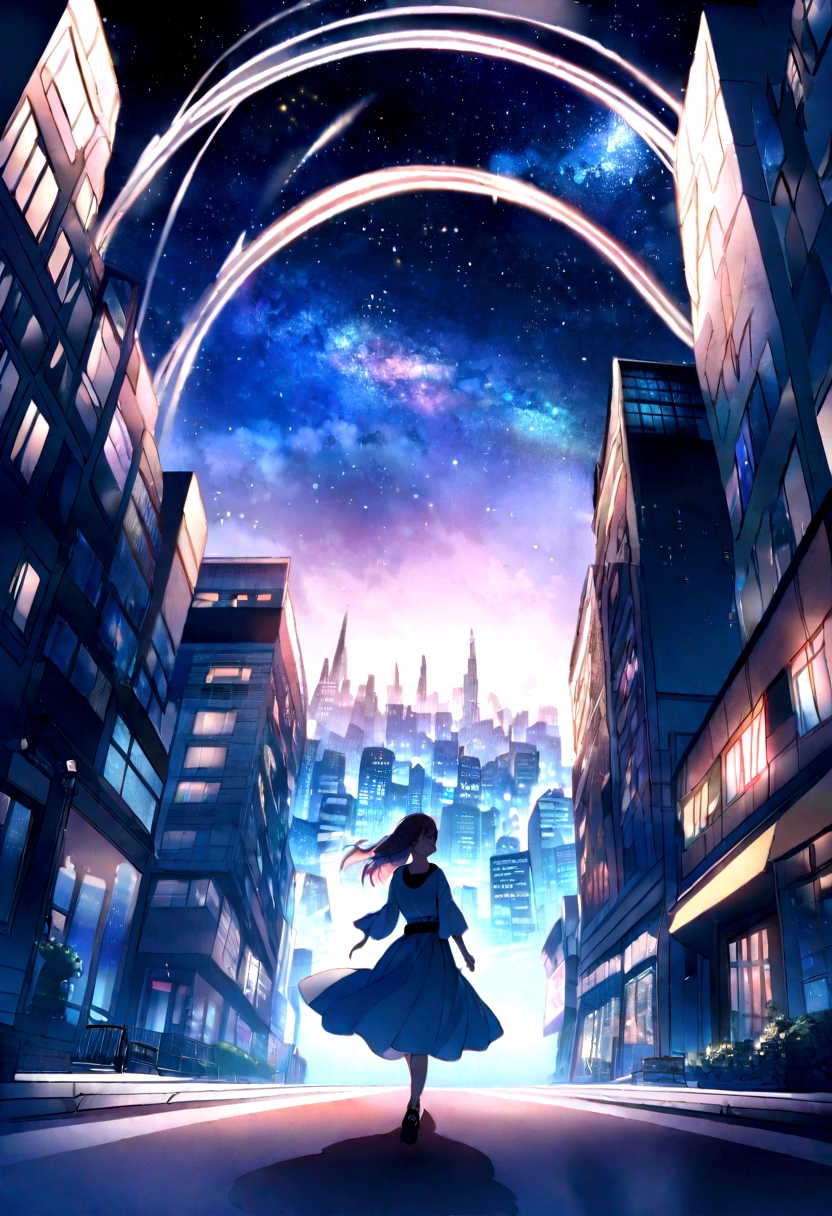 Woman walking towards city city is turning around and smiling、Denim on white t-shirt、Casket、Starry sky、2 days and months、Dreamy scenery、From a distance、Scenery Main、Building Street、near future、the wind、TOKYOcty、adult lady