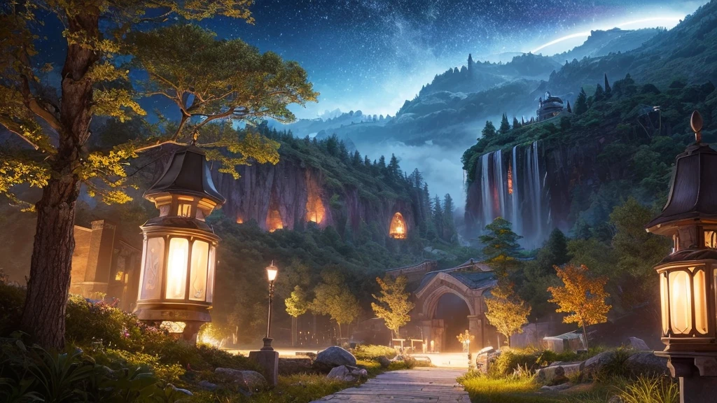 Highest quality、Fantasy、Different world、Lots of light、Landscape painting、nature、forest、night景、night、full moon、Starry Sky、middle ages、