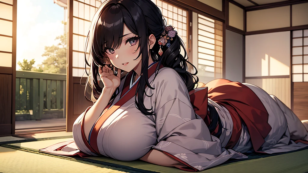 (1girl:1.3), Masterpiece, Best quality, amazing beauty, [[3D]], 4K, absurdres, finely detail, super detailed eye, perfect anatomy, official art, cinematic lighting, BREAK, (Japanese-style room, tatami, futon
,mattress, pillow:1.3), silky long hair, silky side ponytail, black hair, super shiny detailed black eye, big eyes, sparkle(in the eyes), thick eyebrow, close-mouth, plump lips, Mascara, False eyelashes, red lips, hairpin, Looks like fun, BREAK , huge breasts, tall, medium, wheat skin, , BREAK , traditional Japanese setting, young woman in a colorful kimono, sitting futon, seiza, gazing at the scenic view, serene atmosphere, natural lighting, high detail, BREAK,(kimono:1.3)