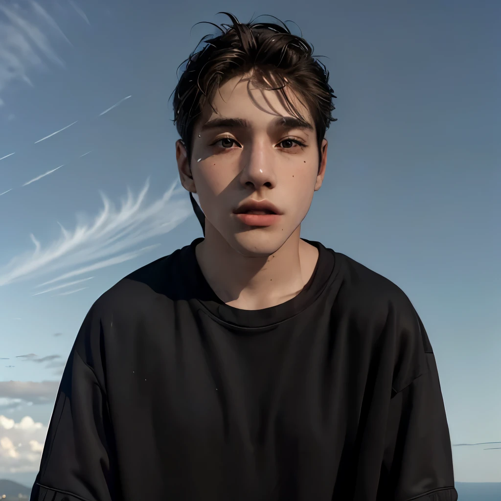 (masterpiece:1.2), (best quality:1.2), hyper realistic,highestres,absurdres,extremely detailed,volumetic,dramatic lighting,(frontal view),
20 year old boy,face,detailed eyes, flat black hoodie, black t-shirt, with background ((sky))