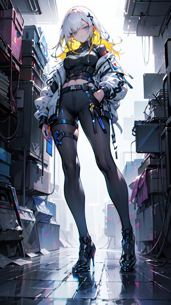1 girl, long Yellow hair , cyberpunk, blue eyes, high heels, hand in pocket, best quality, 4k, 8k, highres, masterpiece:1.2, ultra-detailed, realistic, photorealistic, photo-realistic:1.37, HDR, UHD, studio lighting, ultra-fine painting, sharp focus, physically-based rendering, extreme detail description, professional, vivid colors, bokeh, cyberpunk, science fiction, neon lights, dark atmosphere, dramatic lighting