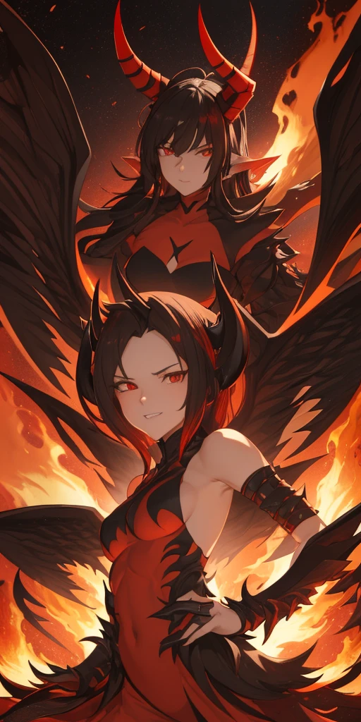 a female character, very beautiful, with a slender body, wearing a golden Indian outfit, sexy neckline, dark skin, dark and long curly hair with red highlights, her face with very heavy makeup, her face of an innocent person, with a penetrating and enigmatic look, his eyes are a deep turquoise green color, his appearance is that of a succubus, horns and wings of succubi, a succubi with a more demonic appearance.