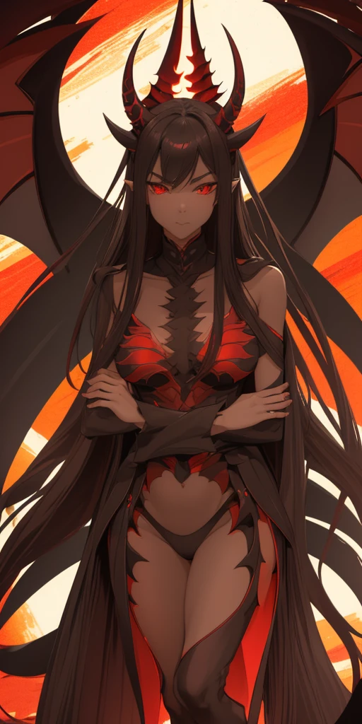 A black and red dragon girl with long, slender ears, two horns on her head, spreading her wings, looking formidable and fierce. There are flames all around.