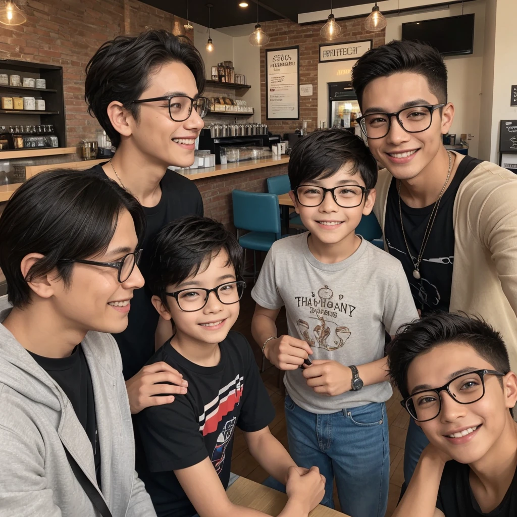 There are 2 boys on the left, 1 on the right, 1 on the left, the left is older than the right, these 2 have smiling, happy faces, the mother is in the middle, short hair, wearing glasses, Mr. Plump, smiling, happy, all 3 people are looking straight ahead, side view. The latter is in a coffee shop in the city.