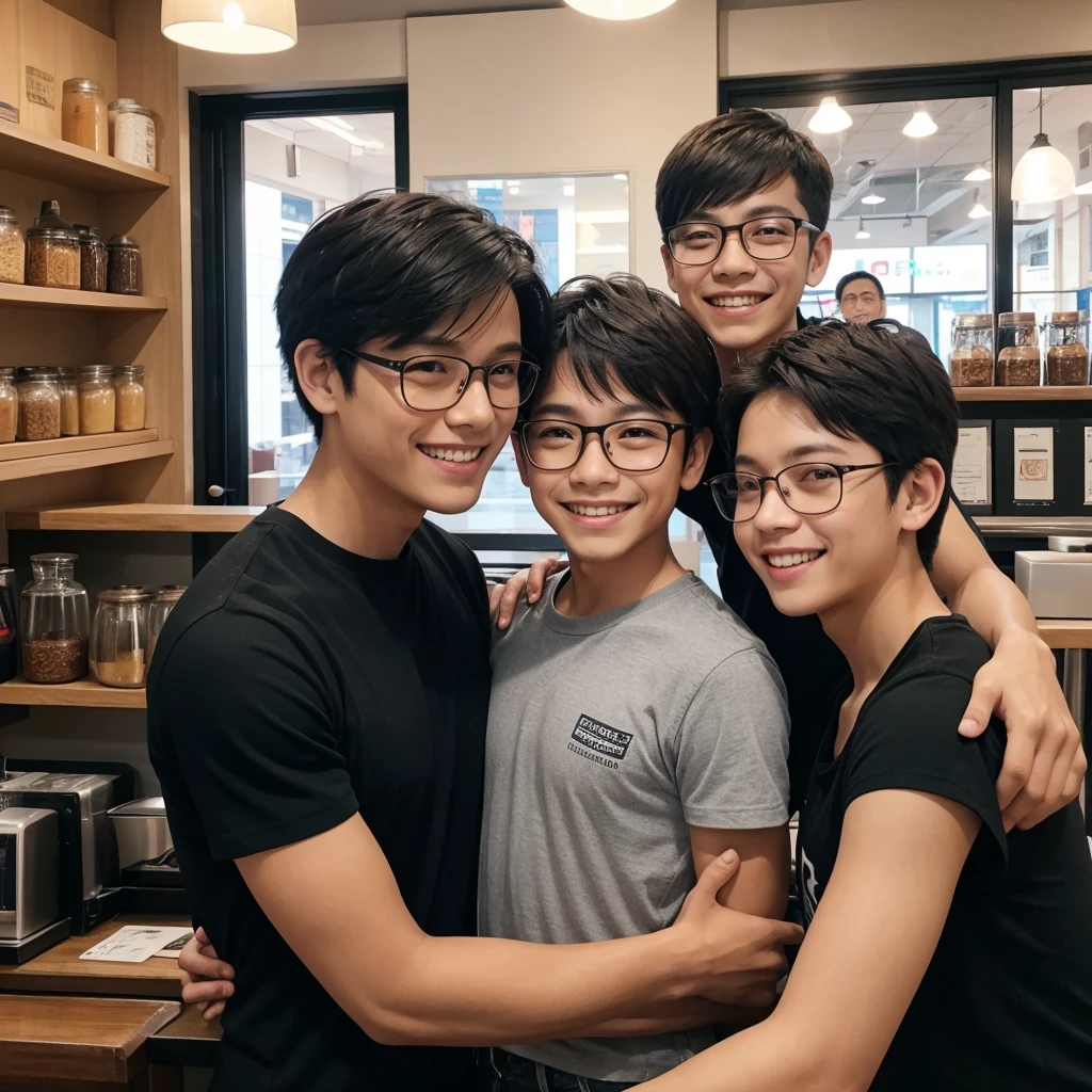 There are 2 boys on the left, 1 on the right, 1 on the left, the left is older than the right, these 2 have smiling, happy faces, the mother is in the middle, short hair, wearing glasses, Mr. Plump, smiling, happy, all 3 people are looking straight ahead, side view. The latter is in a coffee shop in the city.