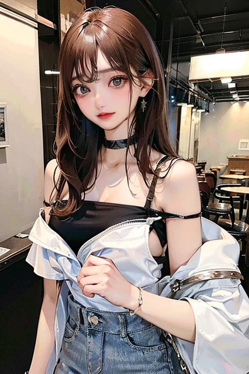 masterpiece, best quality, illustration, Super detailed, fine details, High resolution, 8K,wall paper, perfect dynamic composition, front view, full body, standing, 18 year old girl, Gravure Idol, cute type, (Details High quality, realistic depiction of eyes:1.3), revealing clothes, wavy long hair, bangs, black hair color, Dark makeup, Big Natural Color Lip, Express the size of the breast, perfect body shape, plump figure, Black leather jacket, BREAK (baby-pink and black theme:1.4), (fusion of short puff sleeve baby-pink sundress and baby-pink A-line miniskirt with ruffles:1.4), ((U-neck, collarbone):1.3), (one-piece:1), (choker:1.3), (black bow tie on chest:1.3), (baby-pink pumps with heels:1.2), hotel room