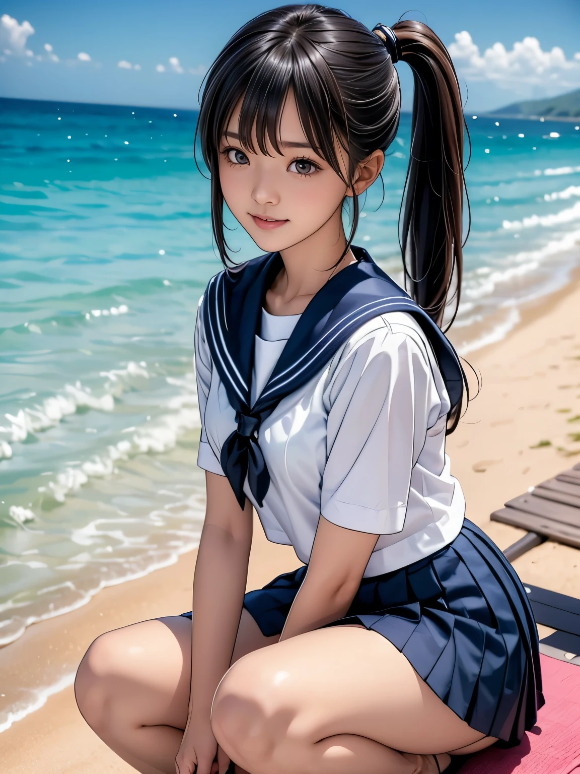 (masterpiece, Highest quality:1.2), Browsing Caution, ((4 Japanese women:1.4)) ,、 Idol Style, ((White shirt, Sailor  , Navy pleated mini skirt:1.2)),(Put your school backpack aside:1.0), ((Lying on the beach、squat)), Black Hair, Slender and beautiful figure、Small and beautiful breasts, Beautiful legs, (Beautiful blue sky and summer sea), smile, 8k,(Variety of faces and hairstyles:1.3)、Ultra-Realistic Images,　