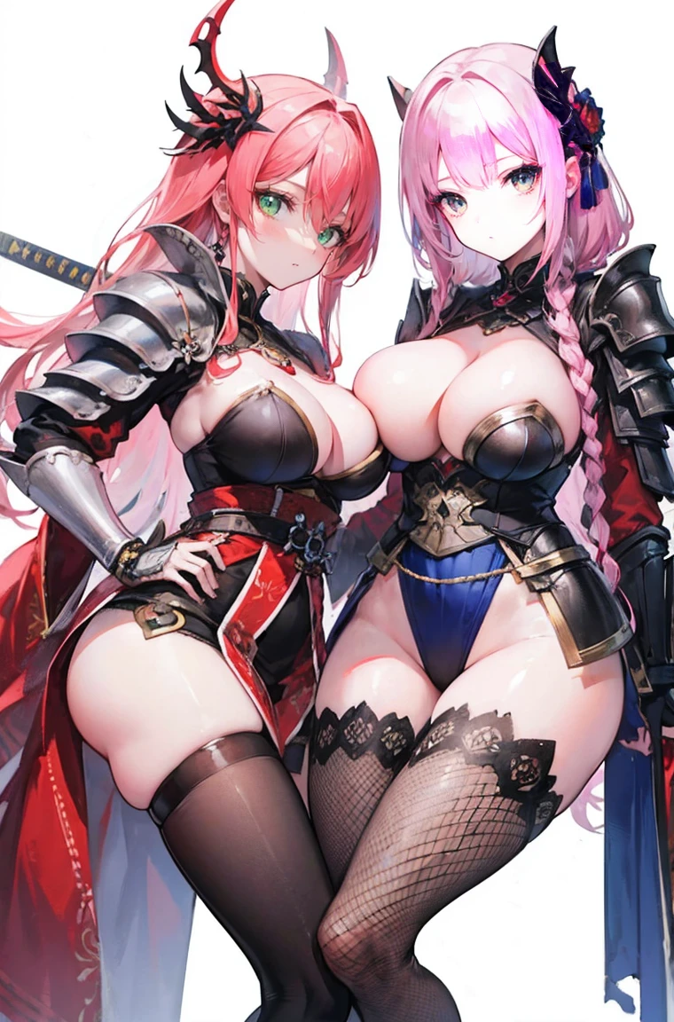 4K,high resolution,2 girls,pink hair,long hair,braid,green eyes,big breasts,Naga queen,白色のNaga queen服,removable arms,white samurai armor,full armor,Heavy armor,black fishnet stockings,decorative ornaments,large Japanese sword,Medieval Village,Show your breasts,large breasts,see nipples,