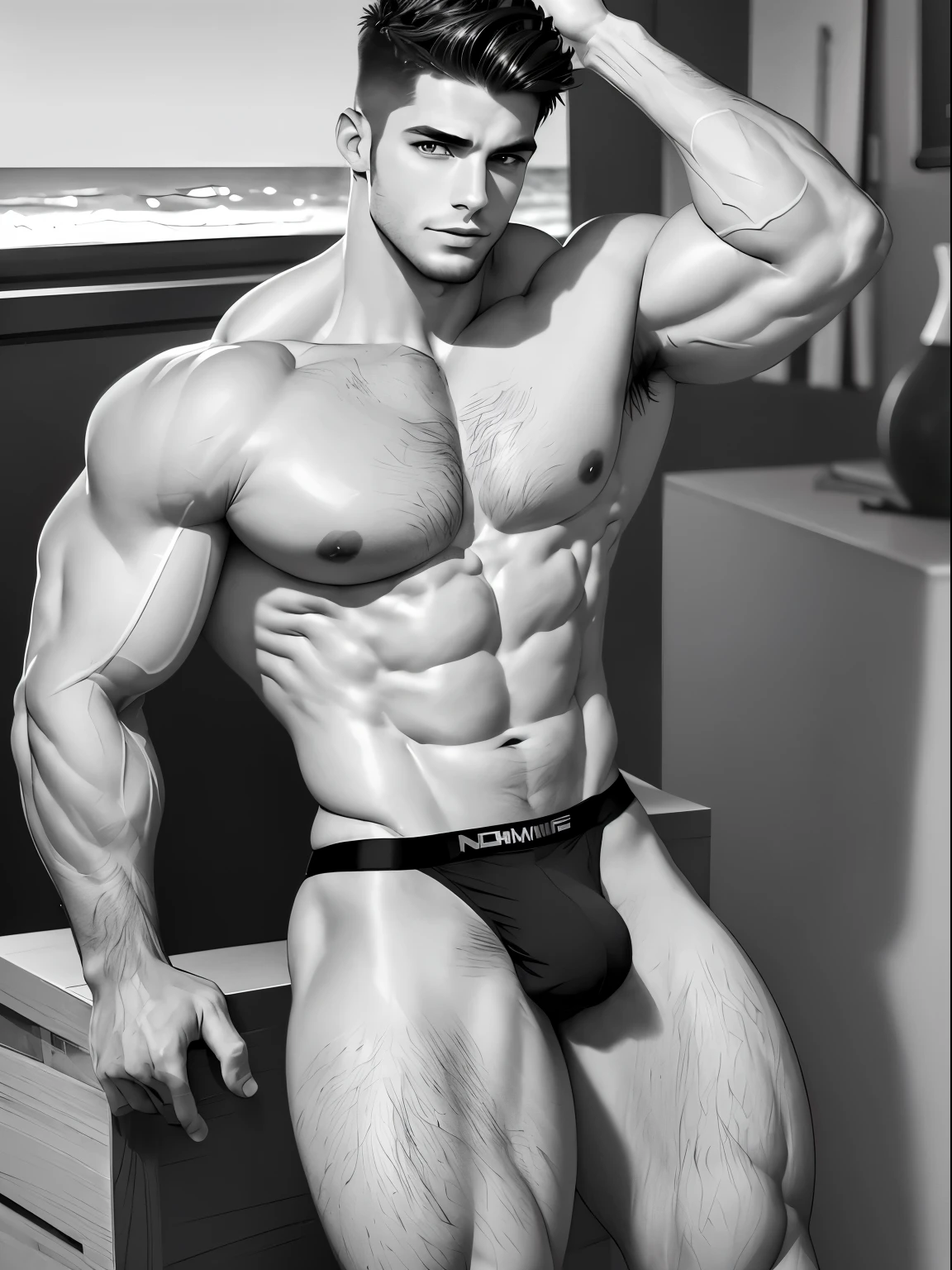 Um homem alto gostoso de 20 anos, huge venous arms, corpo grande, pernas grossas, Perfect line jaw, cabelos morenos claros, with a huge bulge in the tight box briefs, sem barba, na praia sorrindo
