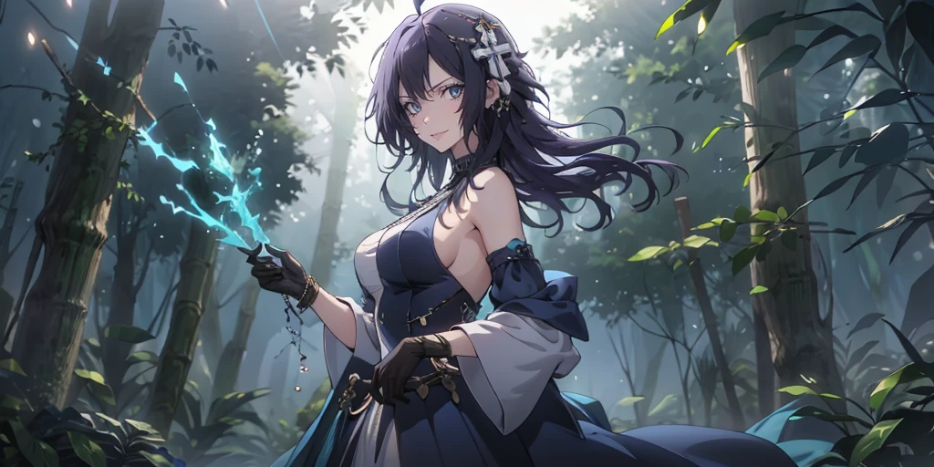MC, ahoge, (long hari, purple hair:1.3), hair ornament, dark-blue eyes, anatomically correct, heavy breathing, female, 1girl, solo, long hair, breasting at viewer, large breasts, glovss, holding, bare shoulders, jewelry, standing, earrings, outdoors, parted lips, detached sleeves, sleeveless, choker, black gloves, wide sleeves, black dress, from side, looking to the side, sideboob, sleeveless dress, plant, nature, forest, long dress, bamboo, bamboo forest, electricity, (bokeh:1.3) reflective, (fog:1.3), fireflies, hollow eyes, bright pupils, dark-blue eyes, looking at viewer. glowing eyes heavy breathing, seductive smile, (steaming face:1.3), blush face, lips,
