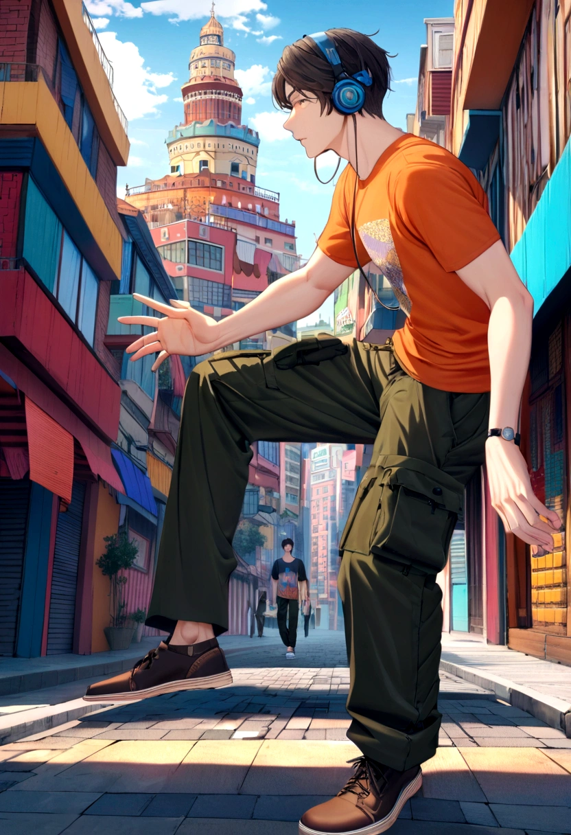 colorful city background, cute and handsome man, Dandy cut, precise hand, The right hand, Correct foot, Hip black cargo pants that match the headset, wear headset, Short-sleeved T-shirt that matches cargo pants, shoes that match pants, absurd solution, high resolution, 20 year old handsome man