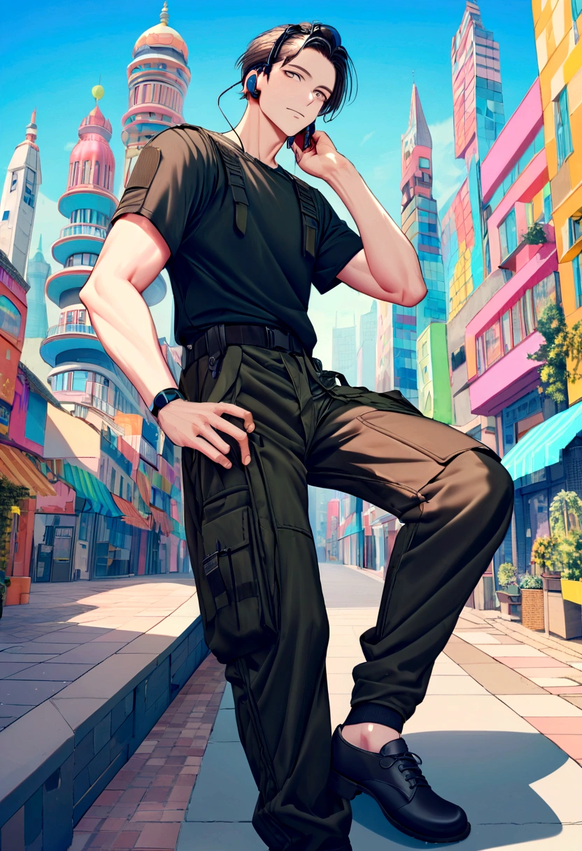 colorful city background, cute and handsome man, Dandy cut, precise hand, The right hand, Correct foot, Hip black cargo pants that match the headset, wear headset, Short-sleeved T-shirt that matches cargo pants, shoes that match pants, absurd solution, high resolution, 20 year old handsome man
