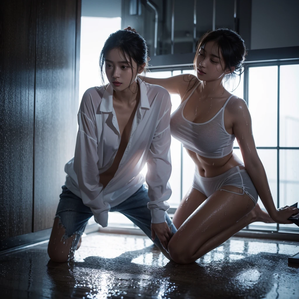 photo taken from lowes under, photo full body, Best picture quality, ultra high resolution, (fidelity :1.4), photo, korean couple, there is man is running in front and pull the hand the woman behind him,(happyness), white shirt, Dim, dark, (night), (Wet clothes:1.4), looking the camera, perfect faces, bare shoulders, Real rain, wet hair, cinematic, god rays, ray tracing, reflection light, Expressionism, Realism, masterpiece, highres, 16k, textured skin, anatomically correct