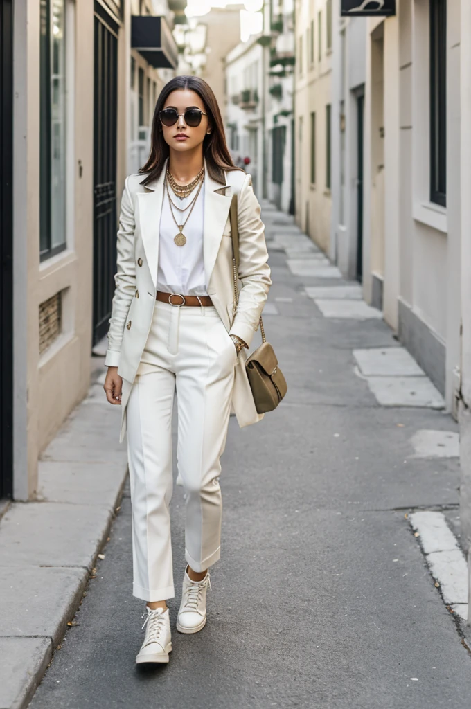 Wear a basic white shirt with white tailored pants with an off-white knee-length jacket with khaki boots and a necklace in the shape of goat horns.