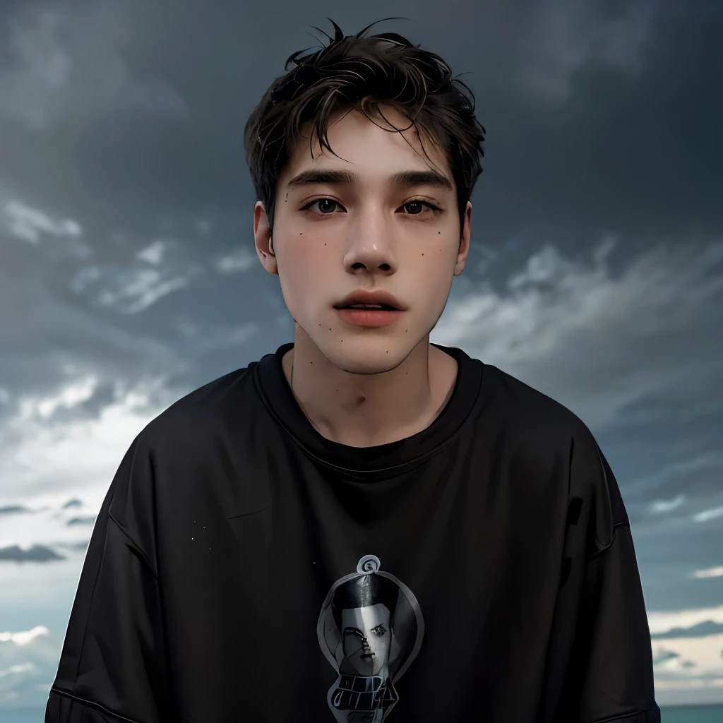 (masterpiece:1.2), (best quality:1.2), hyper realistic,highestres,absurdres,extremely detailed,volumetic,dramatic lighting,(frontal view),
20 year old boy,face,detailed eyes, flat black hoodie, black t-shirt, with background ((sky))