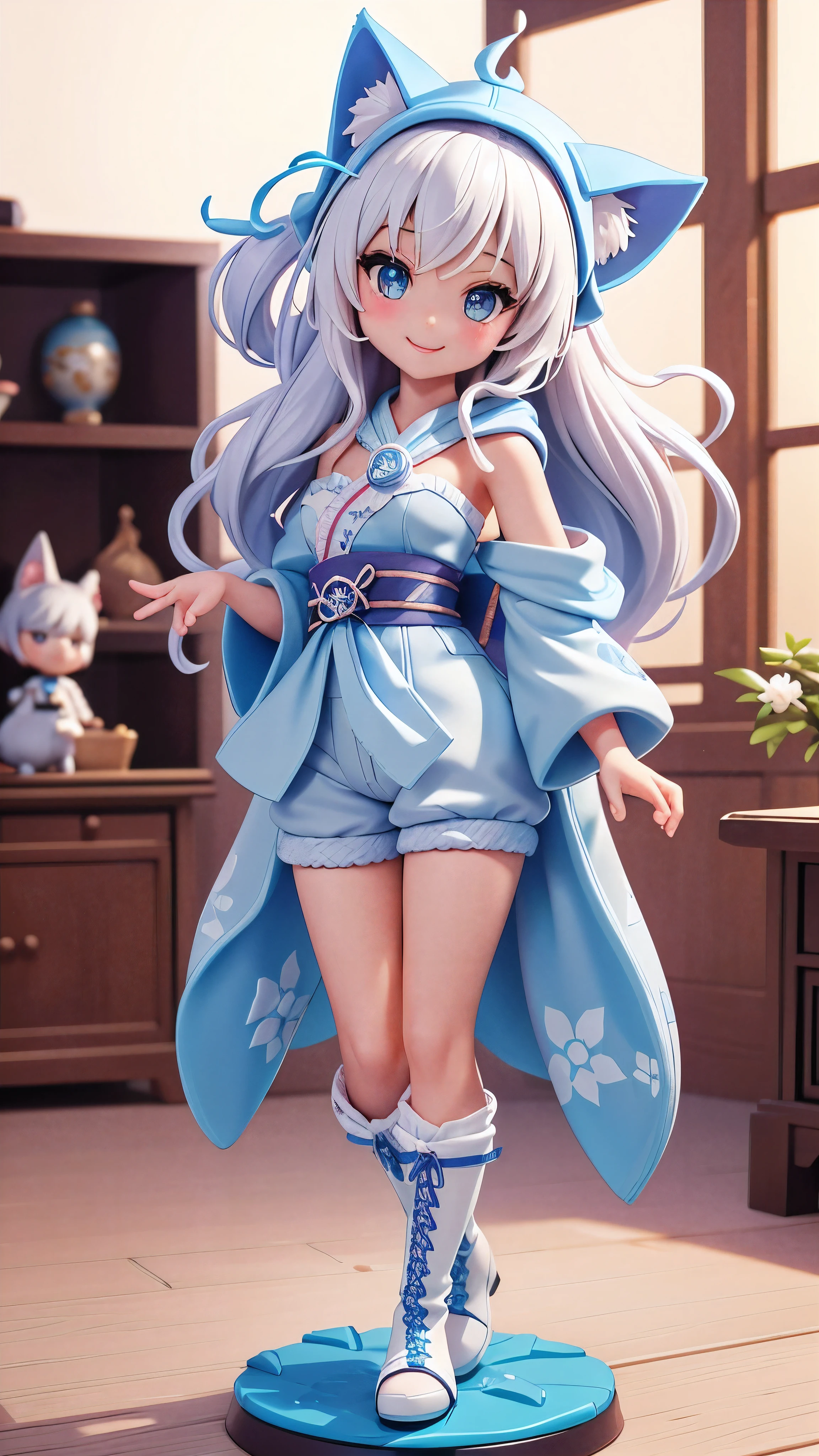 masterpiece、Highest quality、7 heads、whole body、Miniature figures、Clay work、Beautiful Girl Figure、Real Doll、Japanese、Elaborate figures、Detailed design、One girl、Slim figure、White Hair、Wearing a blue hood、Cat ear hood、Denim shorts、Knee-high boots、smile、Are standing、Pastel Color Palette、Vivid color dolls、Bright lighting、Miniature figures on a table、Living Room Background、The background is blurry、Vignetting、