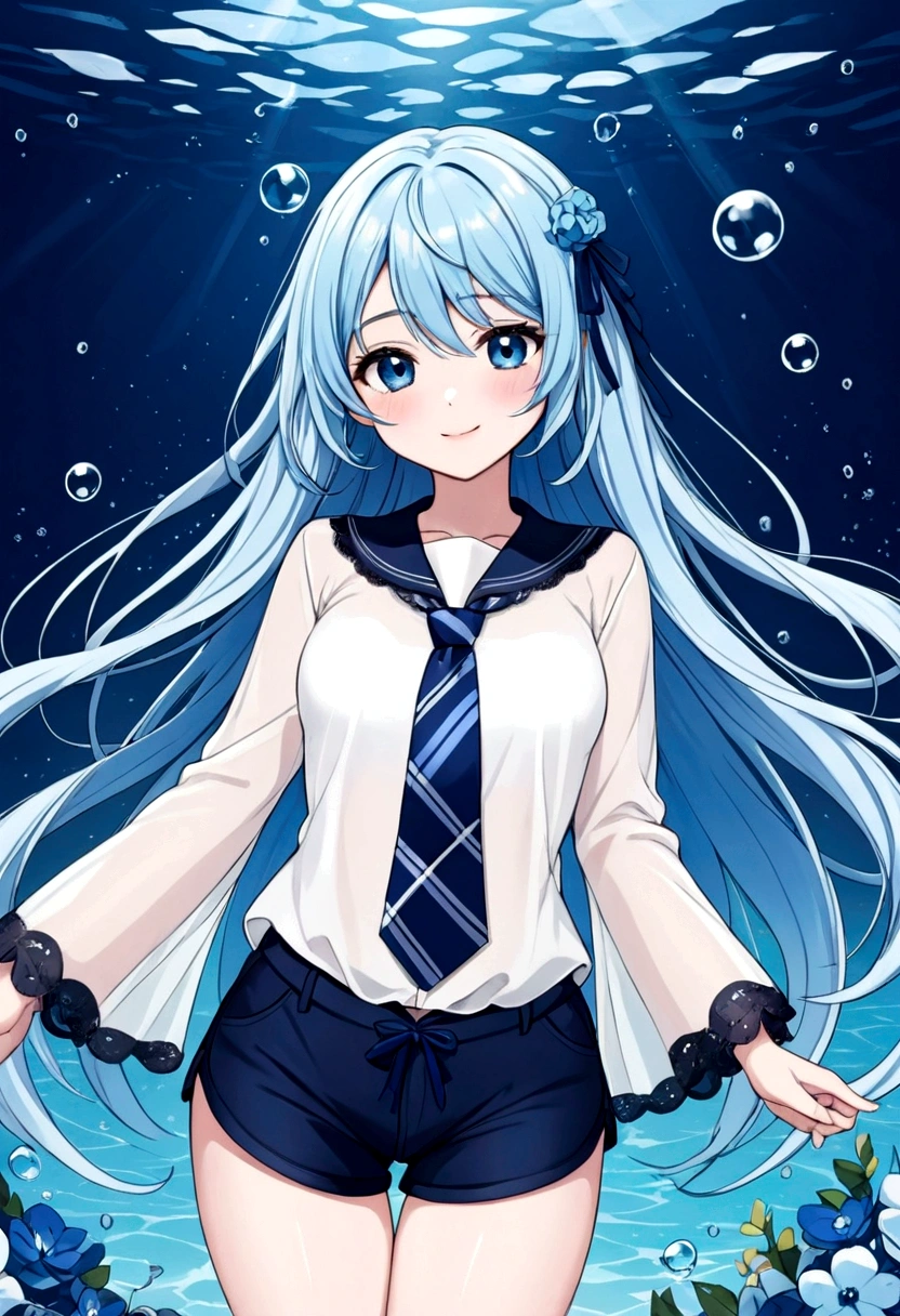 (Highest quality)), ((masterpiece)), ((Ultra-detailed)), (Very delicate and beautiful), bright sky blue hair, watery hair, Bright sapphire eyes, Fair skin, Beautiful woman, Sheer white shirt, Sheer navy blue silk shorts, Navy Blue Ribbon Tie, Pearl decoration, In the water world, Cold Background, Air bubbles, Water bubbles, In the water, Cute smile, Relaxed facial expression, Long hair with delicate waves, Blue and white flowers in hair