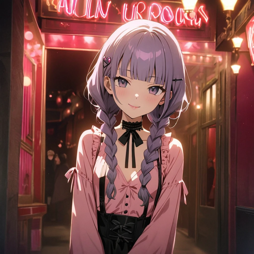 (yuri 2girls:1.5), (one girl with closs hair pin,pale purple hair,wavy two braids,blunt bangs hair,green and black eyes,
pink shirt,cosplay, jirai kei, bangs, black skirt, black bow, looking at viewer, bow, long sleeves, choker, ribbon,pink lips, :1.4),BREAK,(other girl with pale purple hair,wavy blunt bangs hair,green and black eyes, Black bunny girl costume, red high heels,High leg, fishnet stockings, white bunny tail, black bunny ears, front view:1.3 ),BREAK, (masterpiece:1.3), anime visual, (Lovey-dovey:1.5), (tilt head:1.3), extremely delicate face, soft clean focus, realistic lighting and shading, (an extremely delicate and beautiful art:1.3), elegant, (muted colors:1.1), small breast,slim,The Moulin Rouge in Paris, mysterious pink light, a slightly dark room,look at viewer,smiling,night lit,
