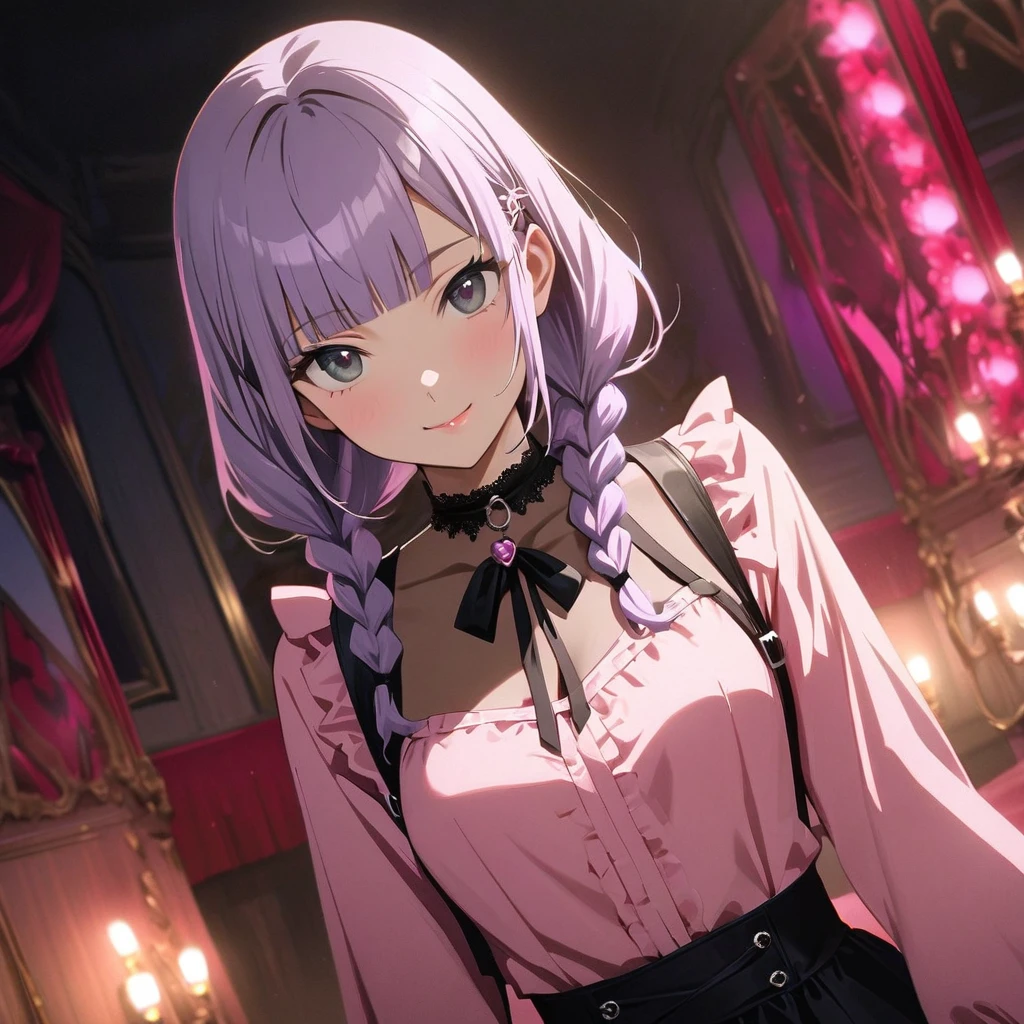 (yuri 2girls:1.5), (one girl with closs hair pin,pale purple hair,wavy two braids,blunt bangs hair,green and black eyes,
pink shirt,cosplay, jirai kei, bangs, black skirt, black bow, looking at viewer, bow, long sleeves, choker, ribbon,pink lips, :1.4),BREAK,(other girl with pale purple hair,wavy blunt bangs hair,green and black eyes, Black bunny girl costume, red high heels,High leg, fishnet stockings, white bunny tail, black bunny ears, front view:1.3 ),BREAK, (masterpiece:1.3), anime visual, (Lovey-dovey:1.5), (tilt head:1.3), extremely delicate face, soft clean focus, realistic lighting and shading, (an extremely delicate and beautiful art:1.3), elegant, (muted colors:1.1), small breast,slim,The Moulin Rouge in Paris, mysterious pink light, a slightly dark room,look at viewer,smiling,night lit,