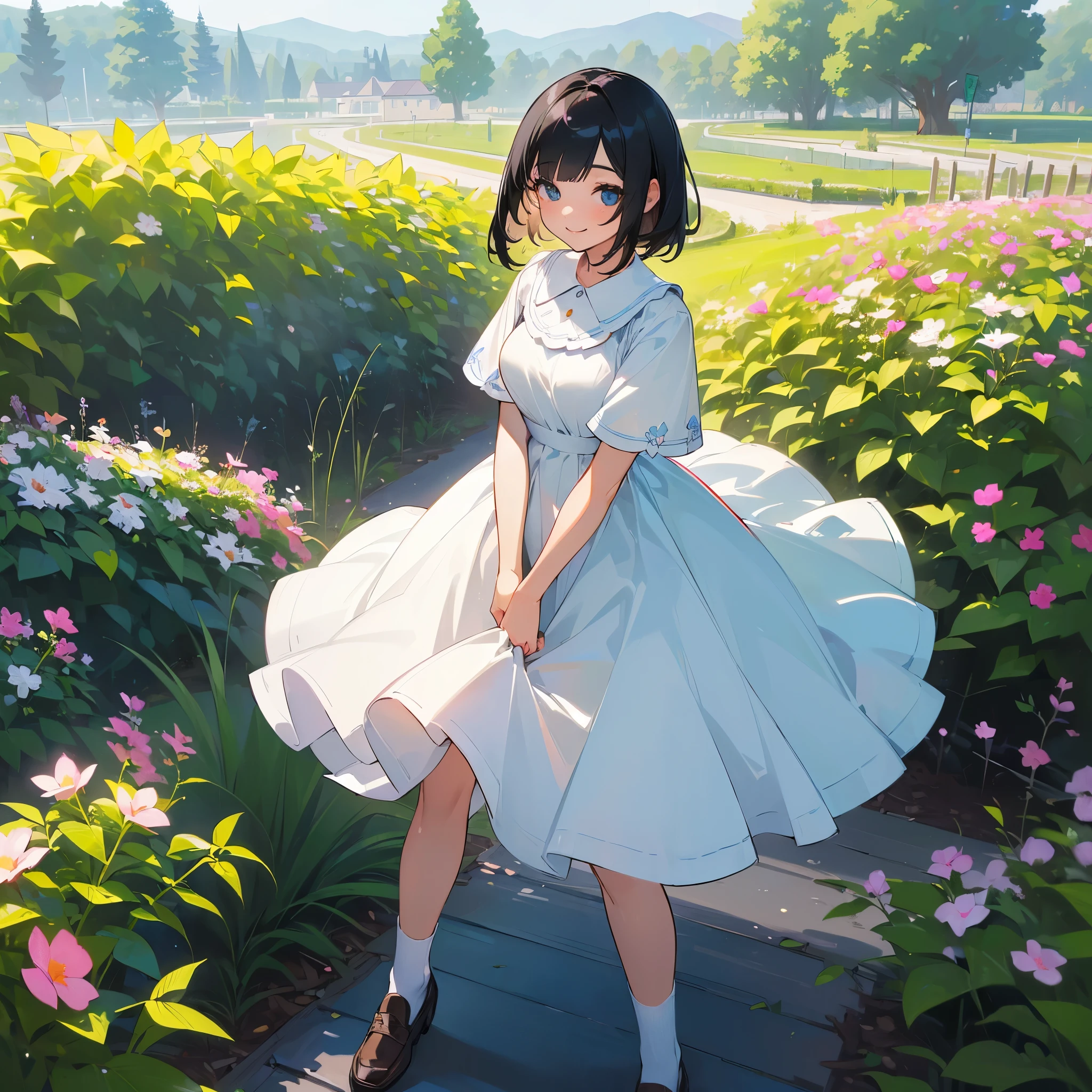 (high quality, High resolution, Very detailed, reality:1.37), Peaceful atmosphere, (Outdoor, garden), Teenage girl standing alone, (my breasts are big.), Beautiful details, Cute Smile, (Black bob hair), White short-sleeved dress, White socks, loafers.