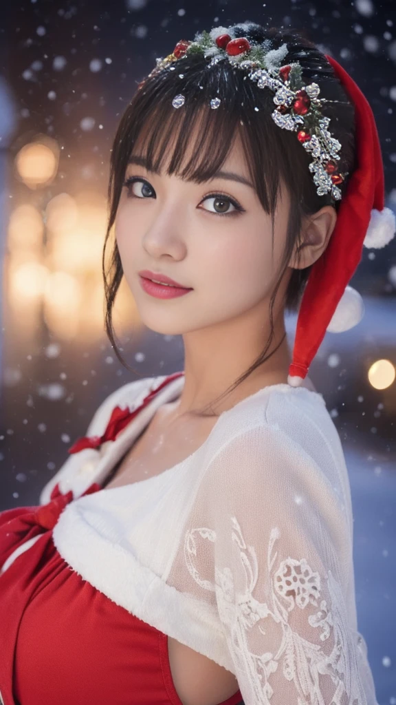 1girl, (santa claus costume:1.5), symmetry,(beautiful cute ultra young girl:2.0), (slender figure:2.0), (ultra short hair:1.75), ultra big smile, (Beautiful large round droped detailed eyes:1.5), beautiful detailed lips, (extremely detailed beautiful face, natural makeup, Incredibly beautiful skin:1.5), (best quality,4k,8k,highres,masterpiece:1.75),(ultra-detailed,realistic,photorealistic,photo-realistic:2.0),professional,vivid colors,studio lighting,(snowing night town,christmas eve:1.25)