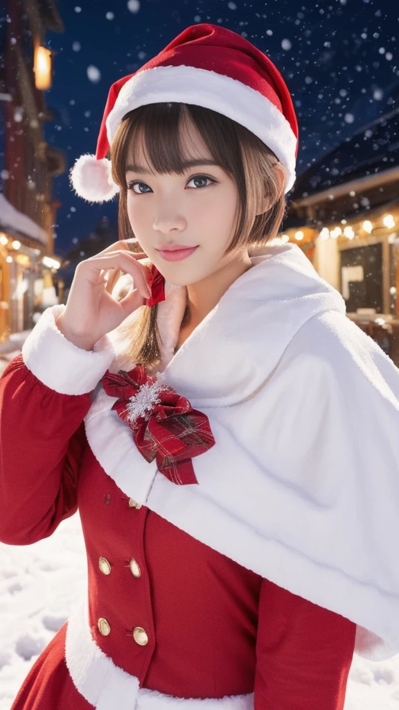 1girl, (santa claus costume:1.5), symmetry,(beautiful cute ultra young girl:2.0), (slender figure:2.0), (ultra short hair:1.75), ultra big smile, (Beautiful large round droped detailed eyes:1.5), beautiful detailed lips, (extremely detailed beautiful face, natural makeup, Incredibly beautiful skin:1.5), (best quality,4k,8k,highres,masterpiece:1.75),(ultra-detailed,realistic,photorealistic,photo-realistic:2.0),professional,vivid colors,studio lighting,(snowing night town,christmas eve:1.25)