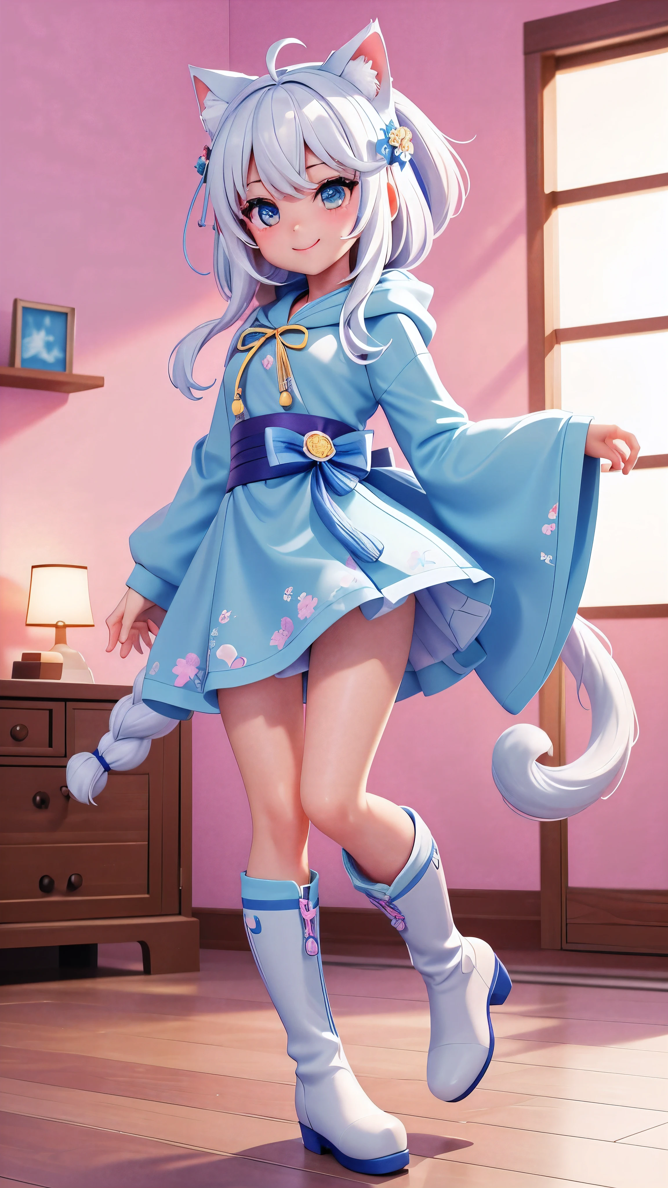 masterpiece、Highest quality、7 heads、whole body、Miniature figures placed on the living room table、Beautiful Girl Figure、Real Doll、Japanese、(Detailed design:1.5)、One girl、(Idol) 、Slim figure、White Hair、Wearing a blue hood、Cat ear hood、Denim shorts、Knee-high boots、smile、Are standing、Pastel Color Palette、Vivid Color、Bright lighting、Living Room Background、The background is blurry、Vignetting、