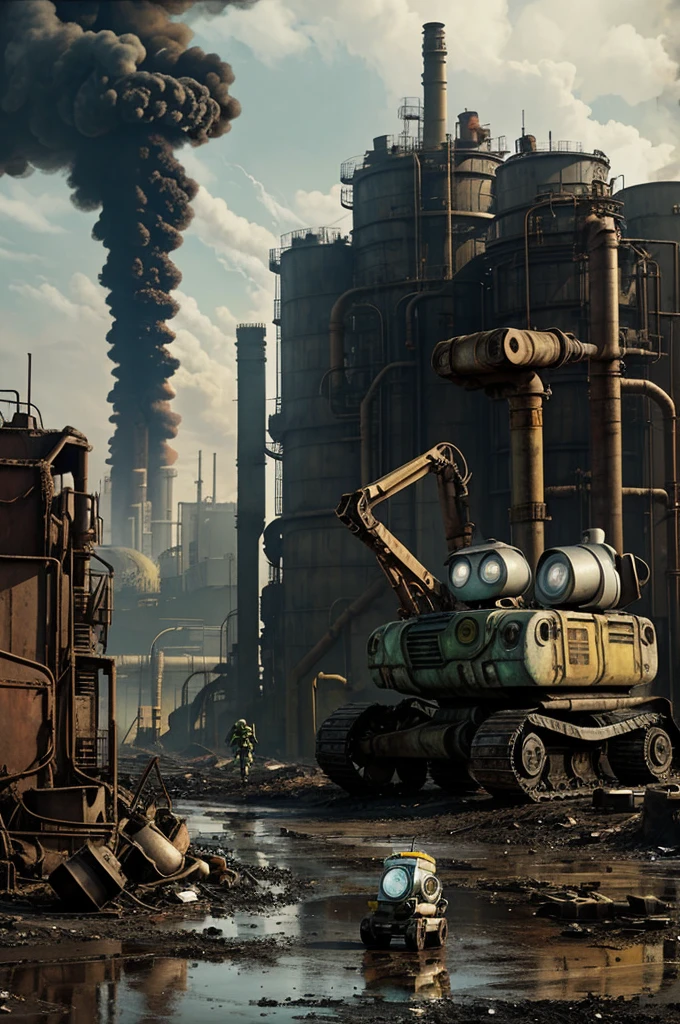 Wall-E and Eva arrive at a place where a huge and gloomy factory stands., with smoking chimneys and pipes pouring chemical waste into the ground. The area is visibly contaminated, with puddles of toxic liquids and a dense, poisonous atmosphere. Both robots observe with concern the environmental impact that the factory is causing.