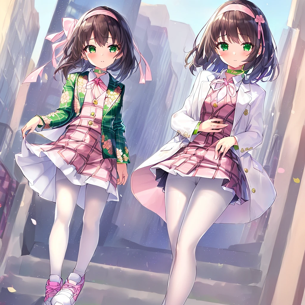 1 Girl, alone, masterpiece, Highest quality, Super Resolution, Ultra high definition, 8kg Unity, (Anatomically correct:1.3), (Petite Girls:1.5), (whole body:1.2), Black Hair, Grey Eyes, (Medium Hair:1.5), High quality eyes, high quality hands, (White collared shirt:1.5), (Short pink suit jacket:1.3), (Floral embroidered suit jacket:1.5), (Ruffle sleeves:1.3), (Costume Open:1.6), (Short skirt with white plaid pattern:1.5), (Wide Hair Band:1.3), (Pink ribbon:1.5), (White Pantyhose:1.5), (White sports shoes:1.3), (Green choker:1.45), (City lane:1.3), (Clear sky:1.2), Flower Flakes, High Quality Backgrounds, Detailed Background