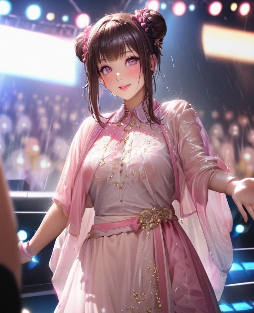 One Girl、Looking at the audience、lovely,
Beautiful pink eyes、Two brown double hair buns , Mole under the eye、Plump and glossy lips、Heart-shaped choca、Idol、Her name is Rico,smile、ー、。.。.。.。.。.。.。.。.。.。.。.。.。.。.。.。.。.。.3D、Realistic、
The idol's costume was soaked in the heavy rain, and her chest was wet and transparent.Heavy rain at outdoor concert, Drape clothes、gem、The decoration has been removed、Floral、Lace trim,On a glittering stage、
masterpiece、highest quality、8k、Detailed skin texture、Detailed cloth texture、Beautifully detailed face、Intricate details、Very detailed、
超A high resolution、8k Ultra HD、Film Grain、Best Shadow、delicate、Gazing at the audience、front