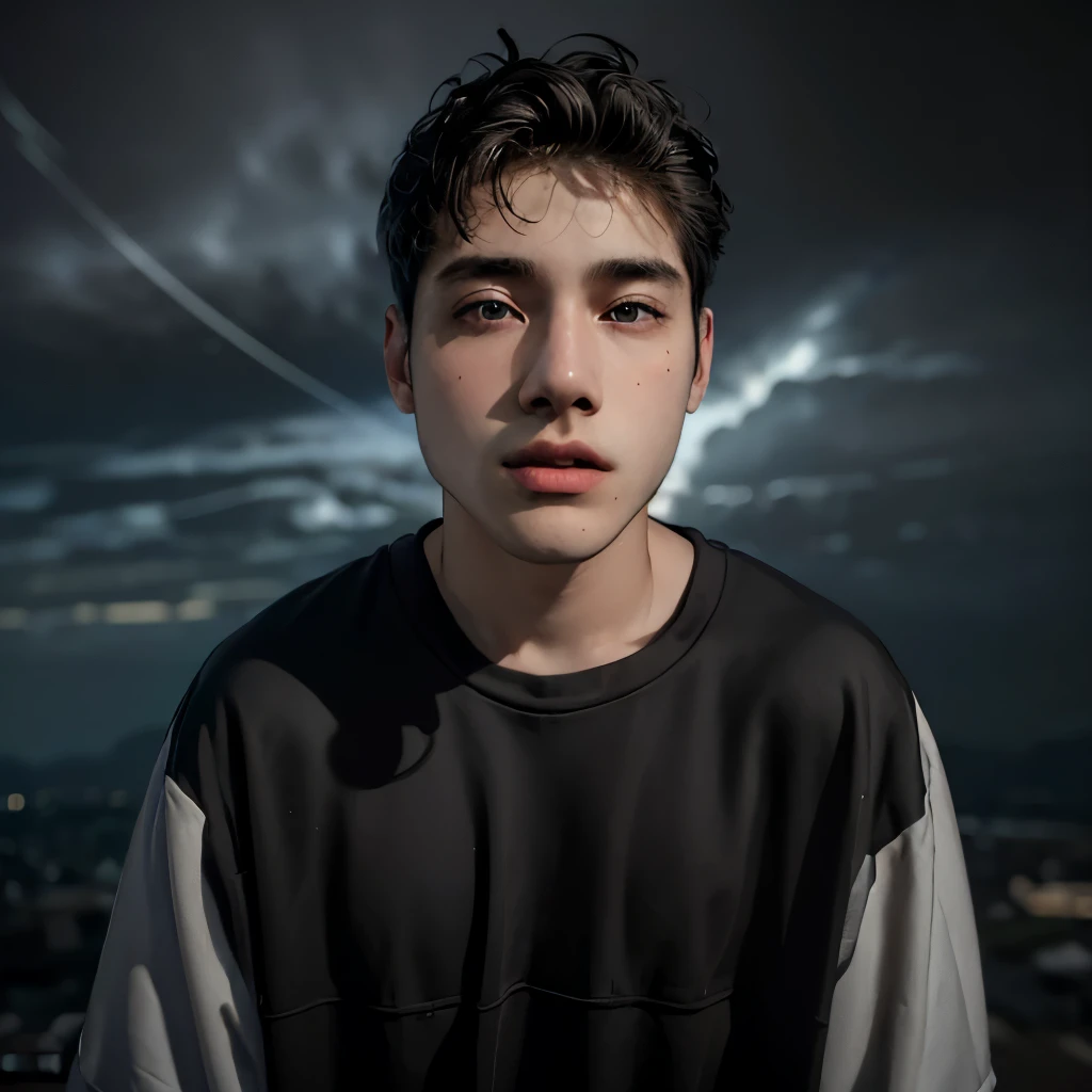 (masterpiece:1.2), (best quality:1.2), hyper realistic,highestres,absurdres,extremely detailed,volumetic,dramatic lighting,(frontal view),
20 year old boy,face,detailed eyes, flat black hoodie, black t-shirt, with background ((sky))