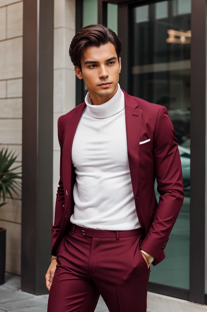 Male with White turtle neck and maroon blazer with pants