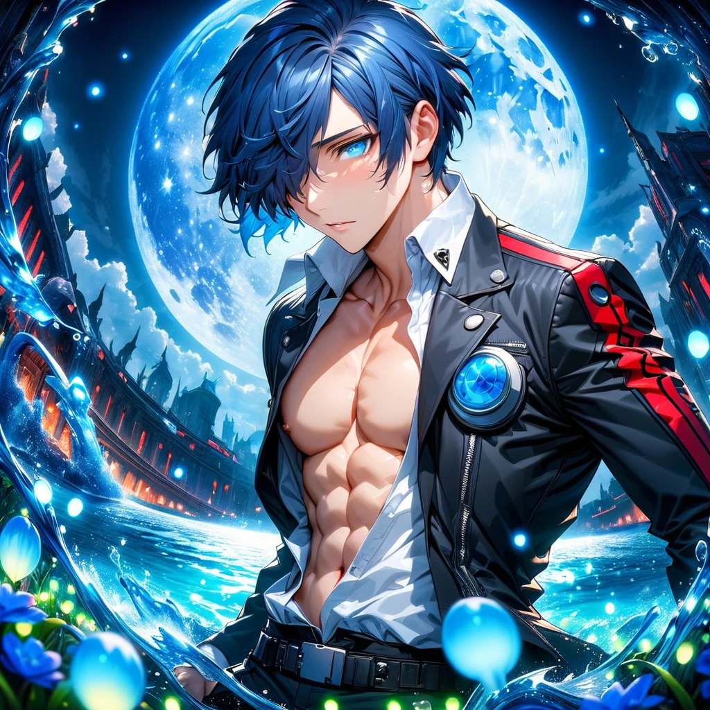 absurdres, highres, ultra detailed, HDR, masterpiece, Yuki Makoto, dark blue hair, hair over the left eye, expressive blue eyes, Persona 3, solo, sexy man, handsome, toned chest, black jacket, white shirt, magical, fantasy, water, blue moon, starry, blue fireflies, blue flowers