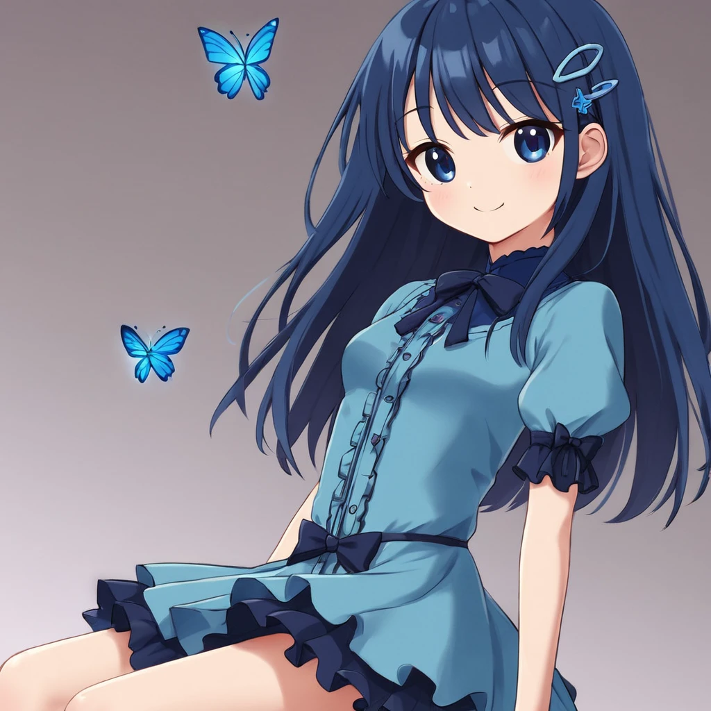 A beautiful with a sweet Lolita smile, has long dark blue hair, dark blue eyes, wears a blue shirt with a short blue skirt, wears a hair clip, Wearing a blue butterfly-shaped hairpin, smiling very sweetly,Very cute smile, little body, slim